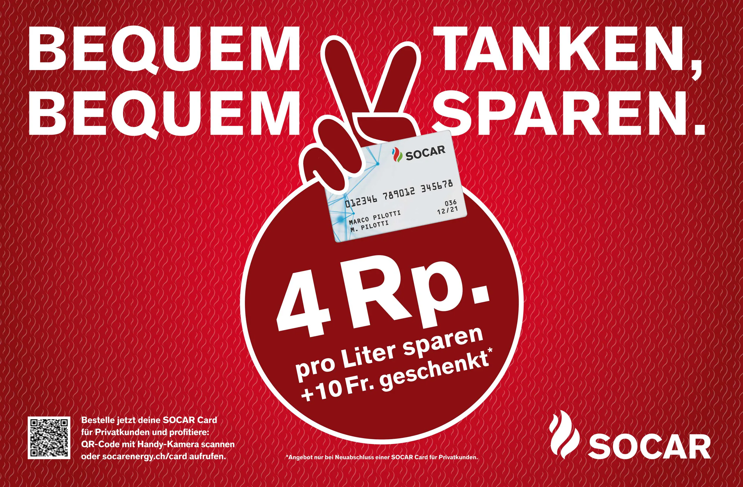 Abbildung: Werbemotiv für die SOCAR Card mit einer illustrierten Hand und dem Hinweis auf vier Rappen Ersparnis pro Liter.