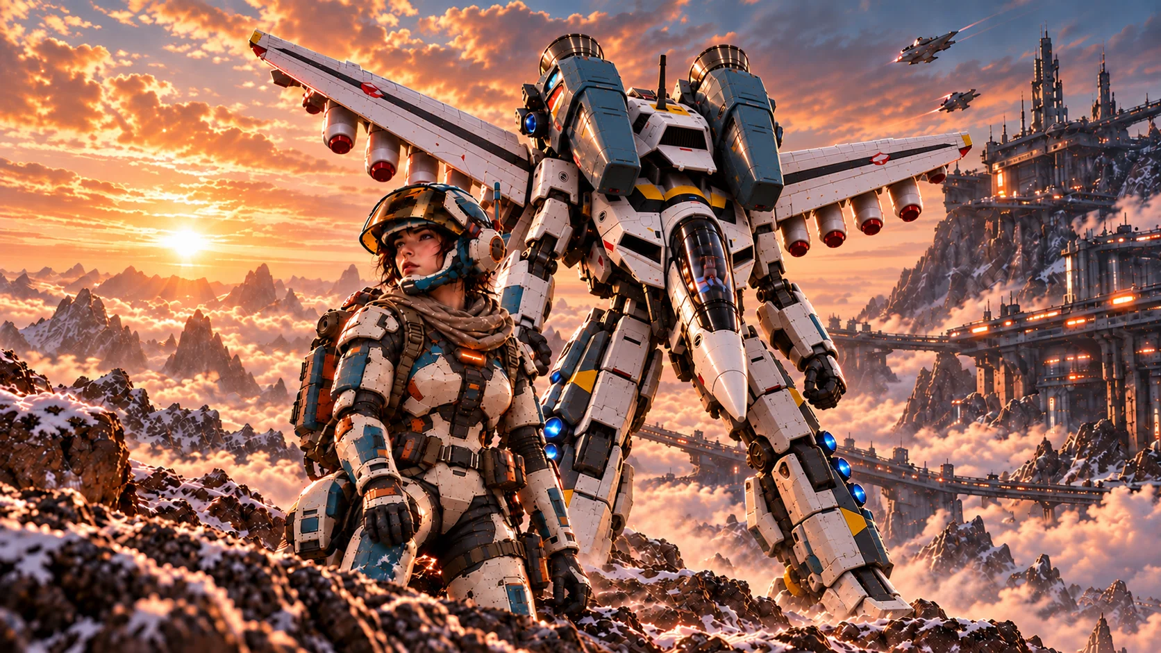 Abbildung: Pilotin vor einem Mecha in einer alpinen Sonnenuntergangslandschaft.
